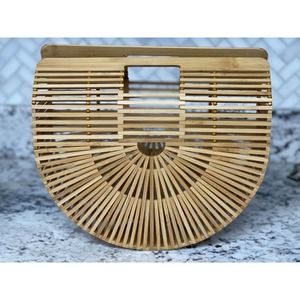 Bamboo Ark Bag Purse Top Handles Handbag Clutch Natural Wood Wooden Unused